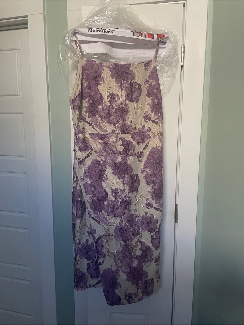 Donna Karan Cream Midi Dress with Purple Floral Jacquard